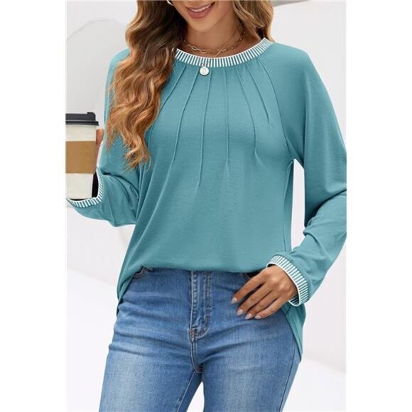 Women's 2024 Fall Long Sleeve Pleated Color Block Casual Loose Tee Shirt, Blue‎ - Picture 3 of 7